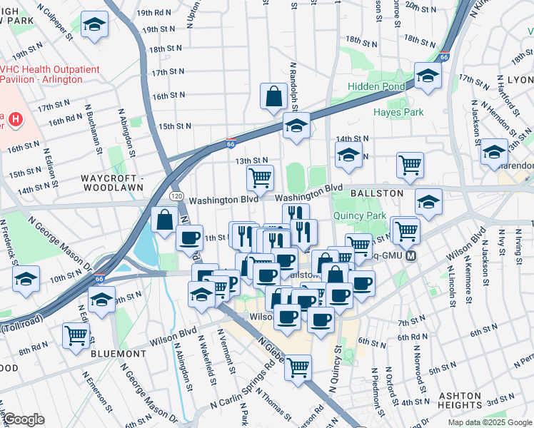 map of restaurants, bars, coffee shops, grocery stores, and more near 1125B North Stuart Street in Arlington