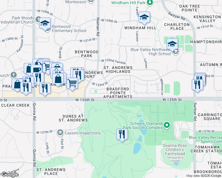 map of restaurants, bars, coffee shops, grocery stores, and more near 11001 West 133rd Terrace in Overland Park