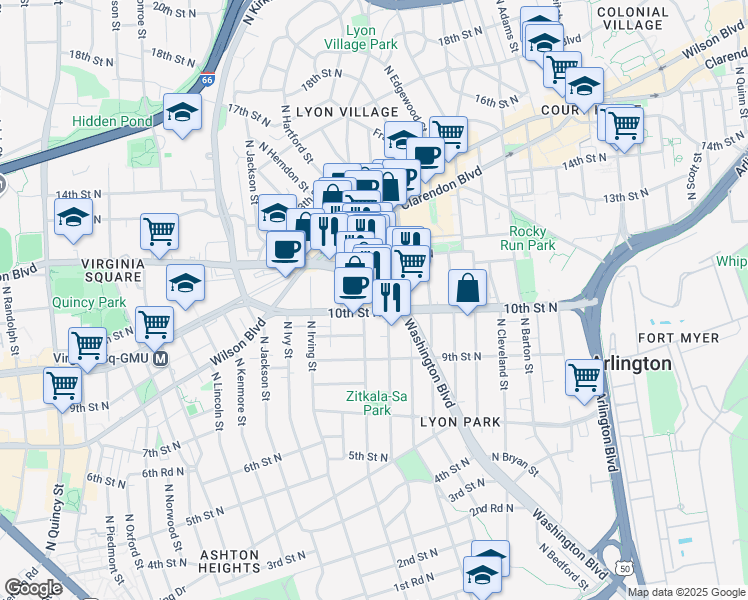map of restaurants, bars, coffee shops, grocery stores, and more near 3000 Washington Boulevard in Arlington