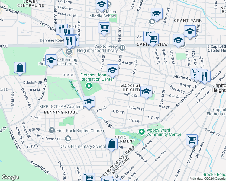 map of restaurants, bars, coffee shops, grocery stores, and more near 315 50th Street Southeast in Washington