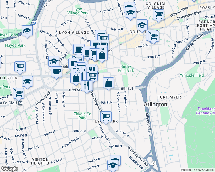 map of restaurants, bars, coffee shops, grocery stores, and more near 1007 North Daniel Street in Arlington