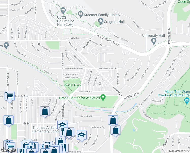 map of restaurants, bars, coffee shops, grocery stores, and more near 3704 Sheffield Lane in Colorado Springs