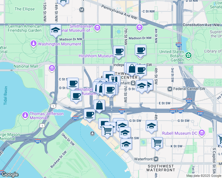map of restaurants, bars, coffee shops, grocery stores, and more near 901 D Street Southwest in Washington
