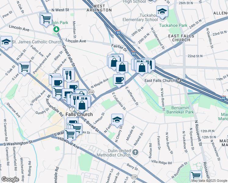 map of restaurants, bars, coffee shops, grocery stores, and more near North Washington Street in Falls Church