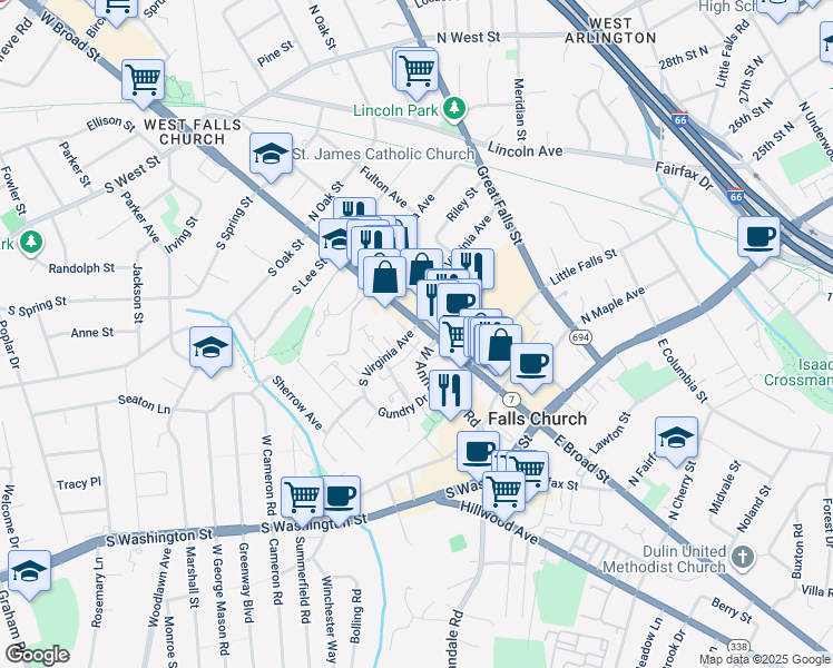 map of restaurants, bars, coffee shops, grocery stores, and more near 107 South Virginia Avenue in Falls Church