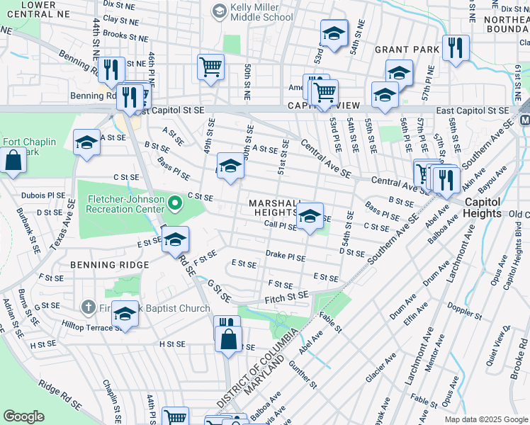 map of restaurants, bars, coffee shops, grocery stores, and more near 5045 C Street Southeast in Washington