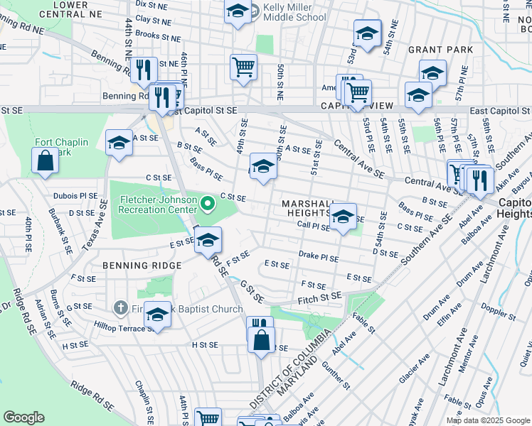 map of restaurants, bars, coffee shops, grocery stores, and more near 315 50th Street Southeast in Washington
