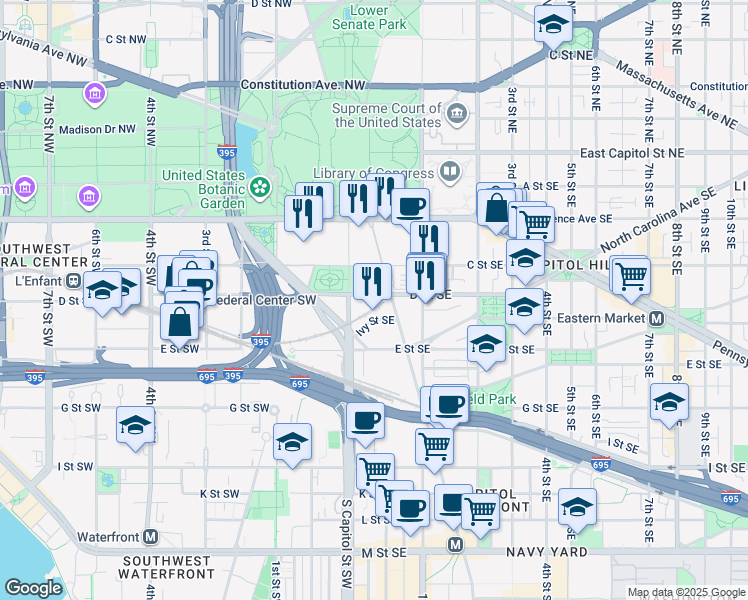 map of restaurants, bars, coffee shops, grocery stores, and more near 25 D Street Southeast in Washington