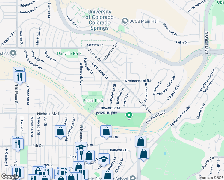 map of restaurants, bars, coffee shops, grocery stores, and more near 3702 Lancashire Street in Colorado Springs