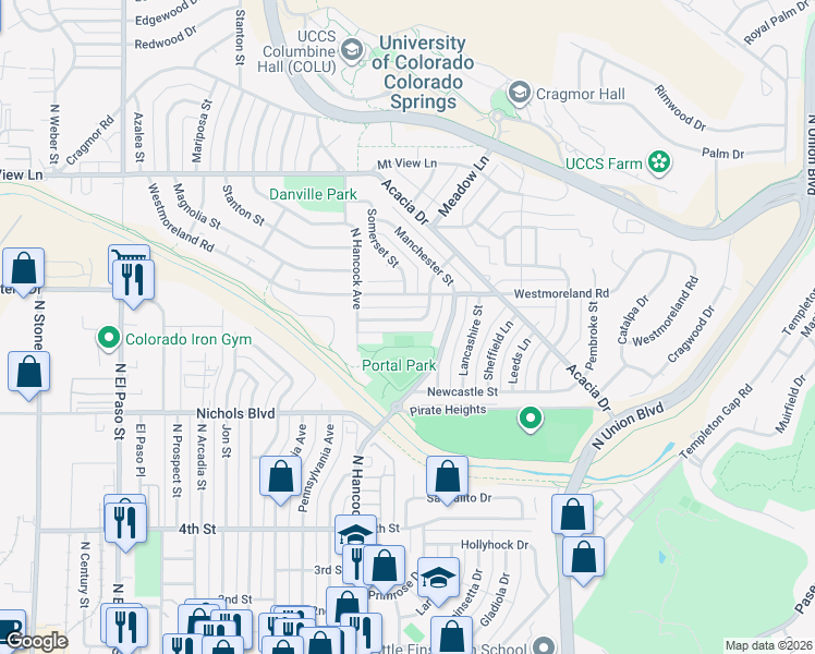 map of restaurants, bars, coffee shops, grocery stores, and more near 1212 Devonshire Street in Colorado Springs
