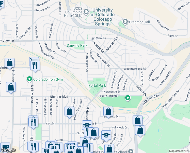 map of restaurants, bars, coffee shops, grocery stores, and more near 1212 Devonshire Street in Colorado Springs