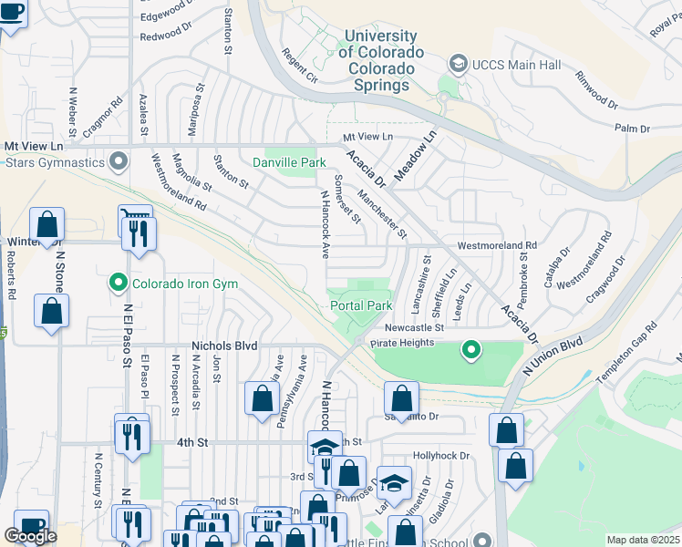 map of restaurants, bars, coffee shops, grocery stores, and more near 1212 Devonshire Street in Colorado Springs