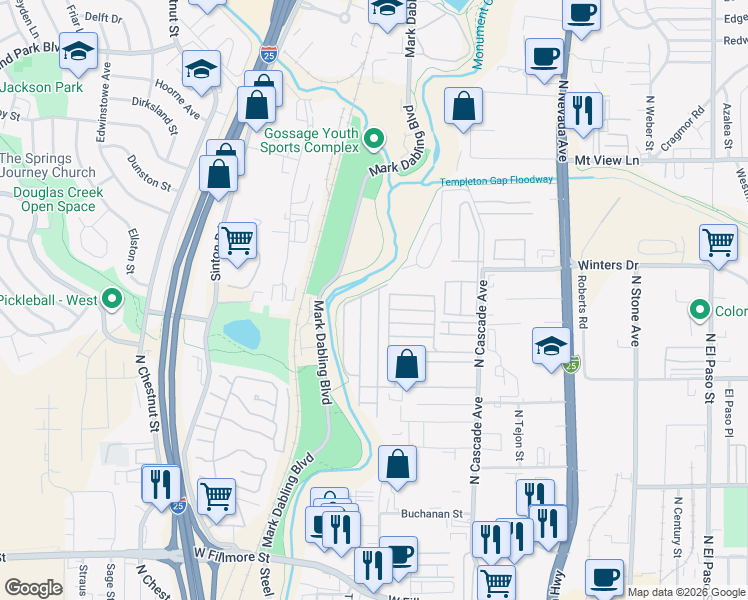 map of restaurants, bars, coffee shops, grocery stores, and more near 85 Sunflower Road in Colorado Springs