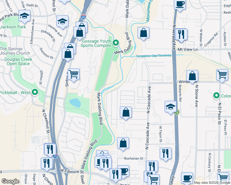 map of restaurants, bars, coffee shops, grocery stores, and more near 85 Sunflower Road in Colorado Springs
