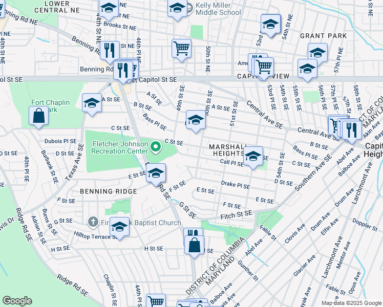 map of restaurants, bars, coffee shops, grocery stores, and more near 4950 Call Place Southeast in Washington