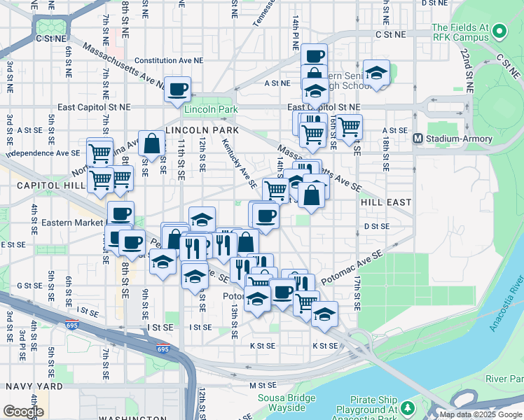 map of restaurants, bars, coffee shops, grocery stores, and more near 101 Independence Avenue Southeast in Washington
