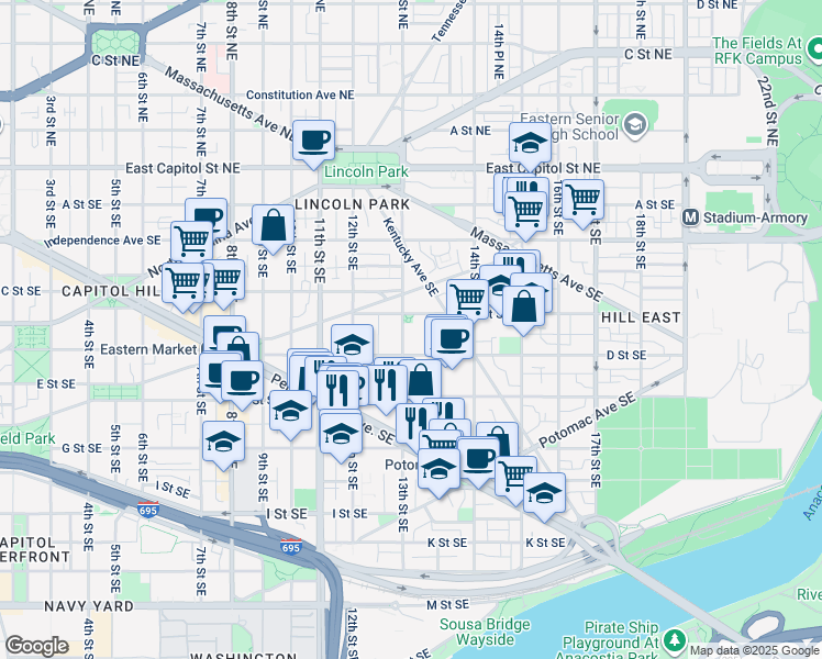 map of restaurants, bars, coffee shops, grocery stores, and more near 101 Independence Avenue Southeast in Washington