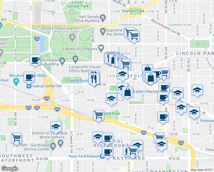 map of restaurants, bars, coffee shops, grocery stores, and more near 101 Independence Avenue Southeast in Washington
