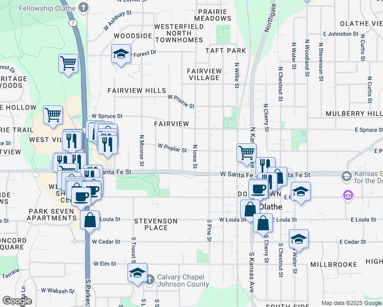 map of restaurants, bars, coffee shops, grocery stores, and more near 228 North Iowa Street in Olathe