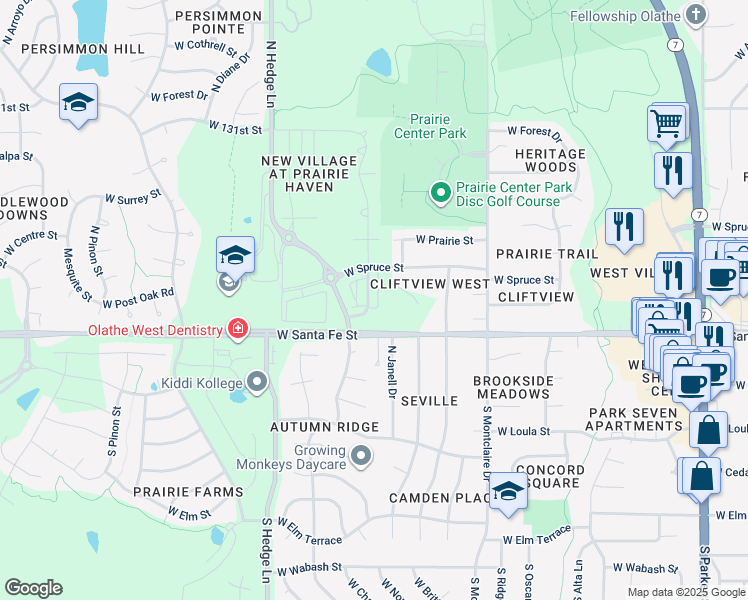 map of restaurants, bars, coffee shops, grocery stores, and more near 226 North Ferrel Street in Olathe