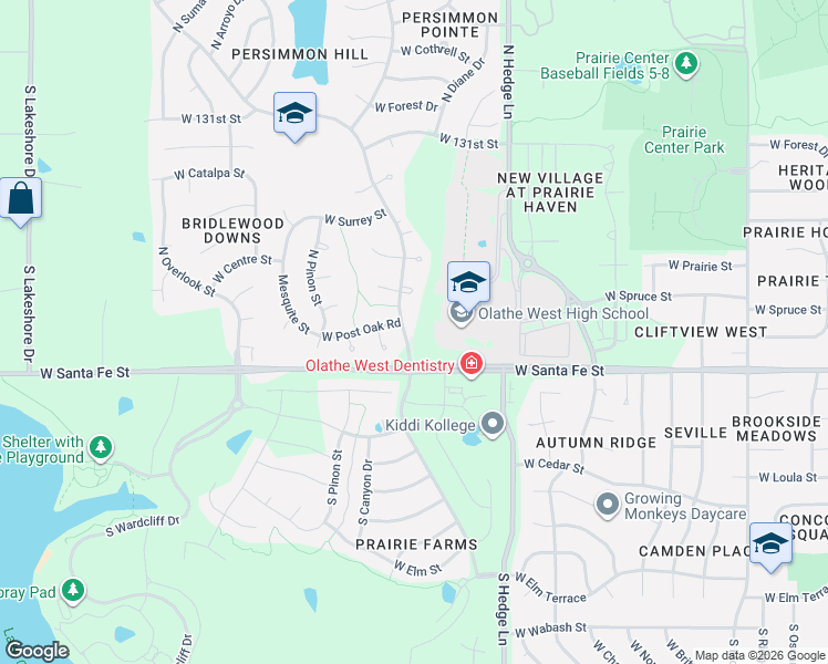 map of restaurants, bars, coffee shops, grocery stores, and more near 2309 West Post Oak Road in Olathe