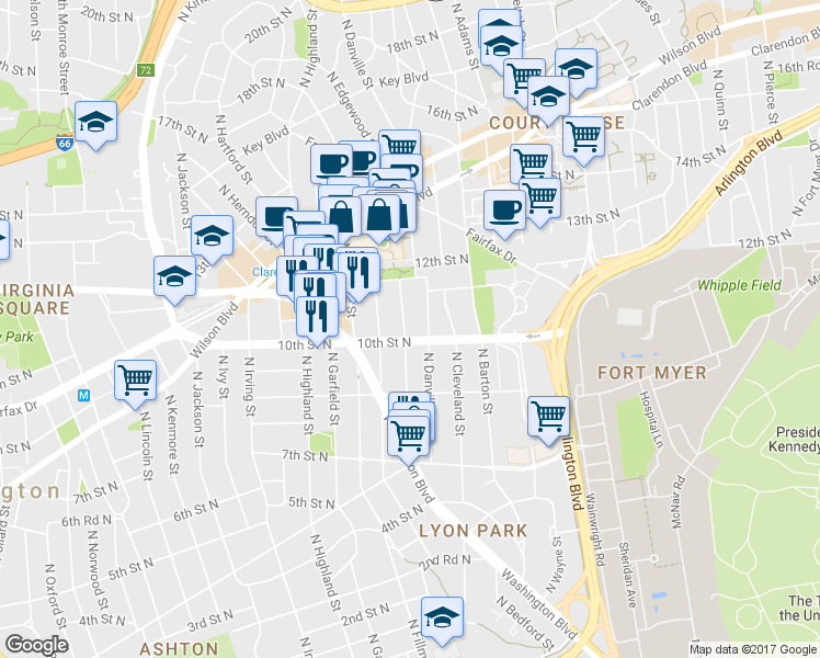 map of restaurants, bars, coffee shops, grocery stores, and more near 1007 North Daniel Street in Arlington