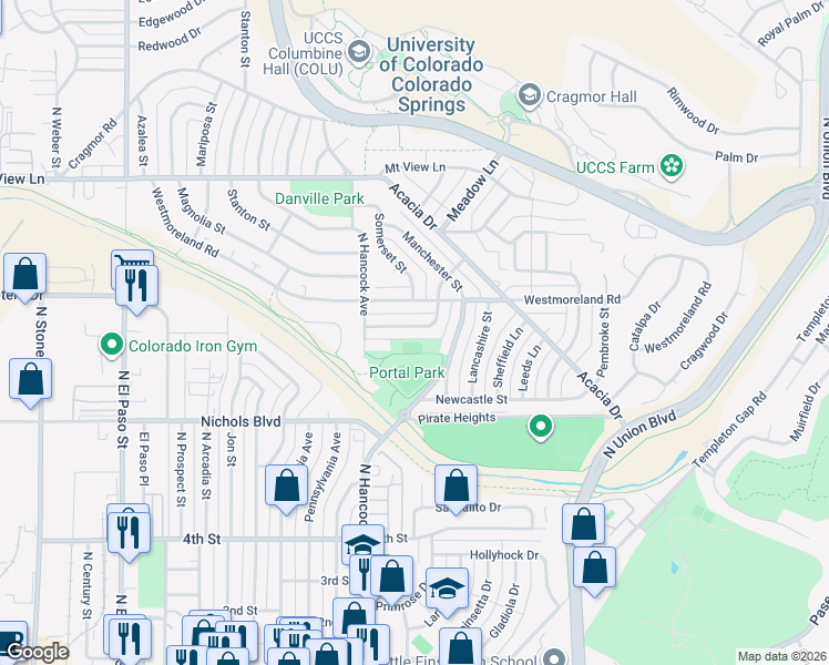 map of restaurants, bars, coffee shops, grocery stores, and more near 1212 Devonshire Street in Colorado Springs