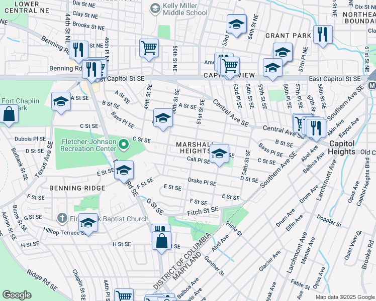 map of restaurants, bars, coffee shops, grocery stores, and more near 5045 C Street Southeast in Washington