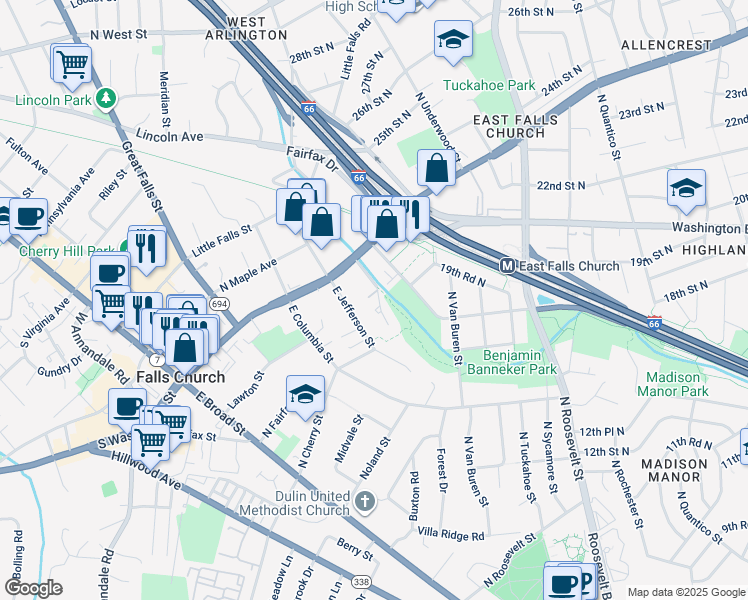 map of restaurants, bars, coffee shops, grocery stores, and more near 112 Gresham Place in Falls Church