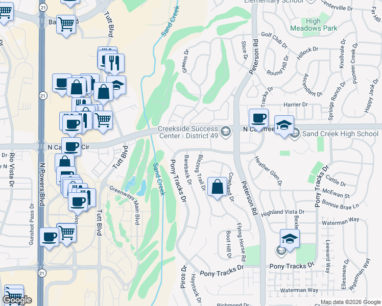 map of restaurants, bars, coffee shops, grocery stores, and more near 3735 Pony Tracks Drive in Colorado Springs