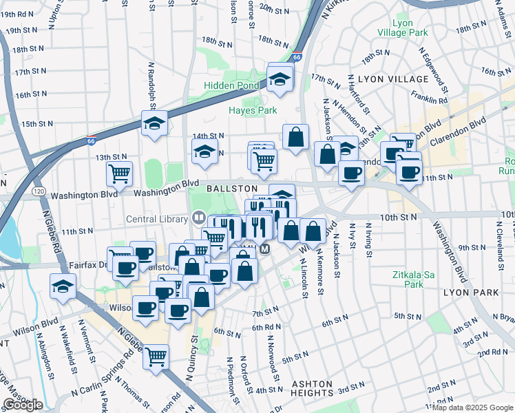 map of restaurants, bars, coffee shops, grocery stores, and more near 1001 North Monroe Street in Arlington