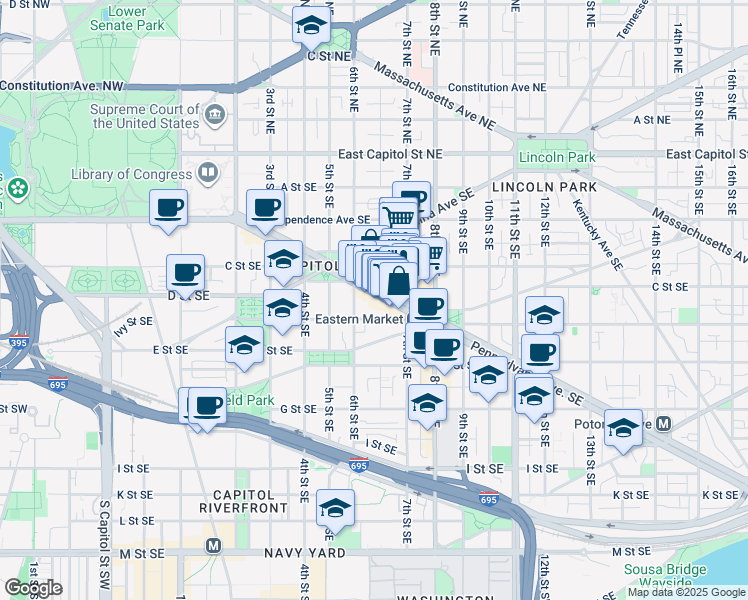 map of restaurants, bars, coffee shops, grocery stores, and more near 101 Independence Avenue Southeast in Washington