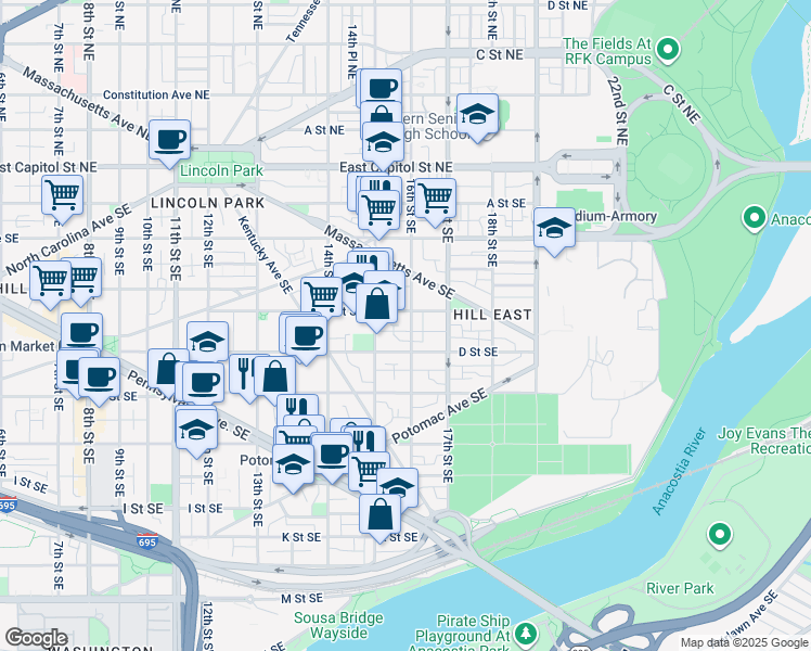 map of restaurants, bars, coffee shops, grocery stores, and more near 315 16th Street Southeast in Washington