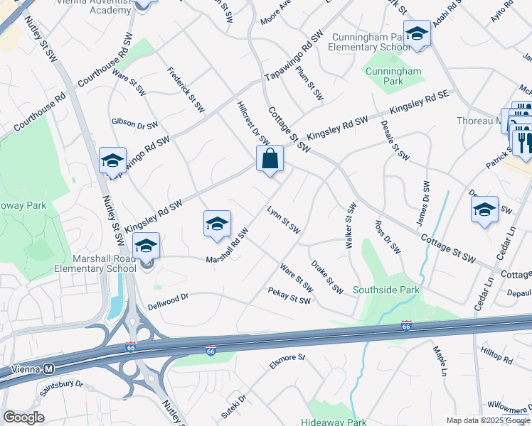 map of restaurants, bars, coffee shops, grocery stores, and more near 975 Lynn Street Southwest in Vienna