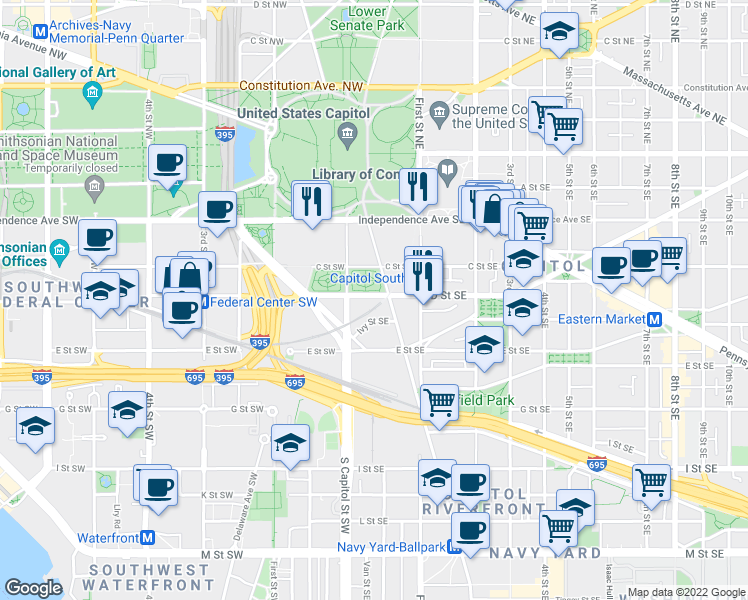 map of restaurants, bars, coffee shops, grocery stores, and more near 27 D Street Southeast in Washington