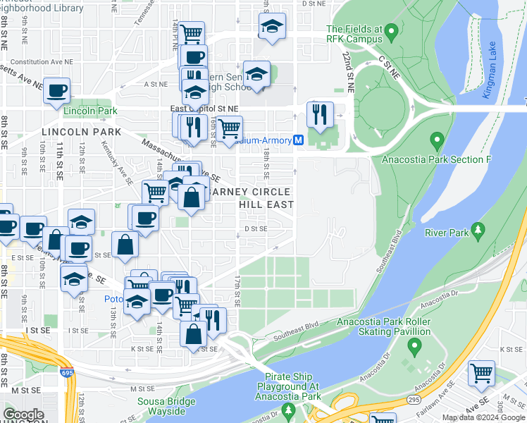 map of restaurants, bars, coffee shops, grocery stores, and more near 321 18th Street Southeast in Washington