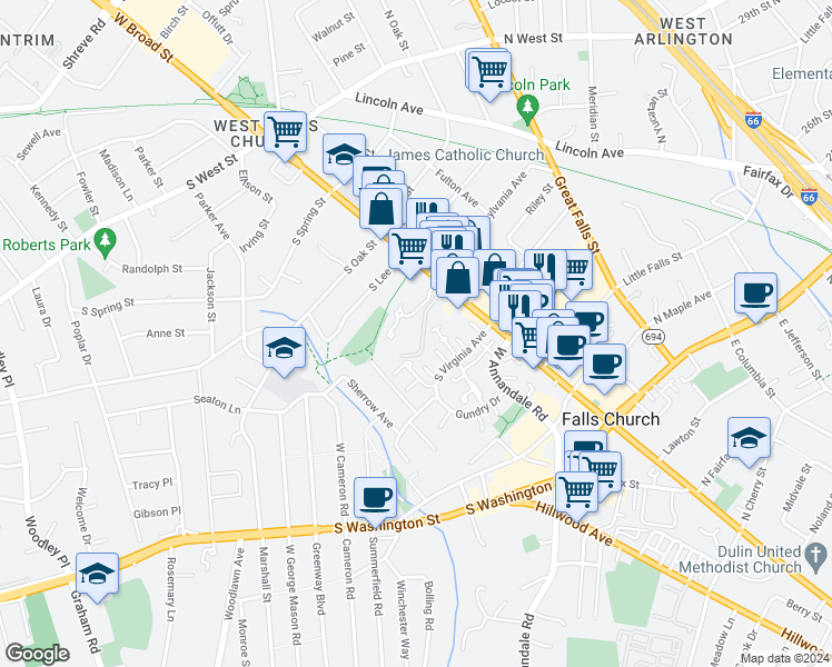 map of restaurants, bars, coffee shops, grocery stores, and more near 101 Chanel Terrace in Falls Church