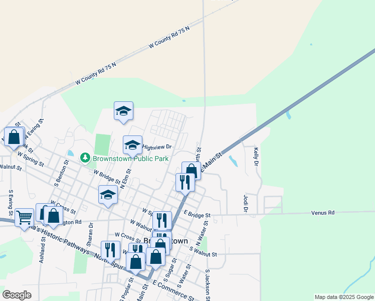 map of restaurants, bars, coffee shops, grocery stores, and more near 600 North High Street in Brownstown