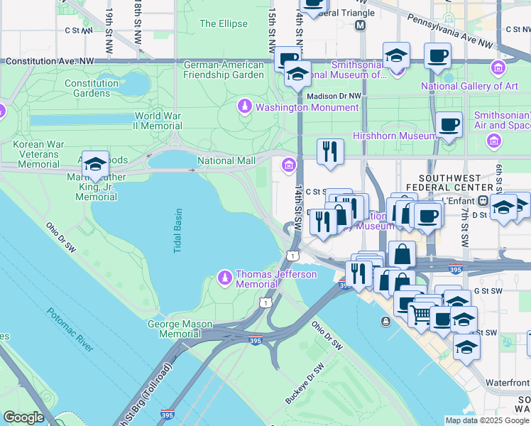 map of restaurants, bars, coffee shops, grocery stores, and more near 1501 Maine Avenue Southwest in Washington, D.C.