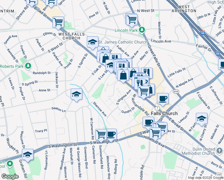 map of restaurants, bars, coffee shops, grocery stores, and more near 101 Chanel Terrace in Falls Church