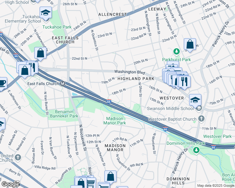 map of restaurants, bars, coffee shops, grocery stores, and more near 6244 18th Street North in Arlington