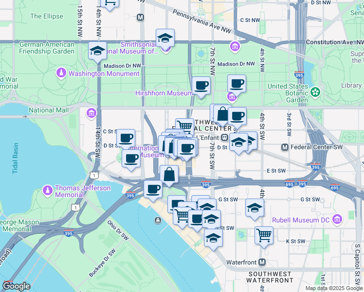map of restaurants, bars, coffee shops, grocery stores, and more near 901 D St SW in Washington