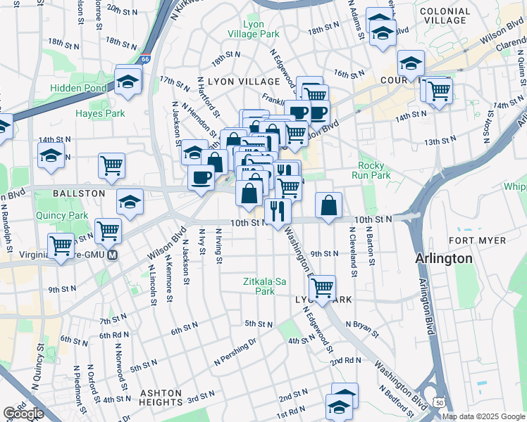 map of restaurants, bars, coffee shops, grocery stores, and more near 3000 Washington Boulevard in Arlington