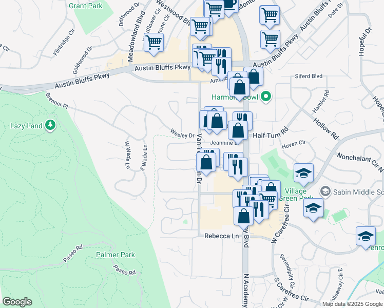 map of restaurants, bars, coffee shops, grocery stores, and more near 3323 Queen Anne Way in Colorado Springs
