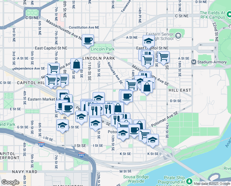 map of restaurants, bars, coffee shops, grocery stores, and more near 101 Independence Avenue Southeast in Washington