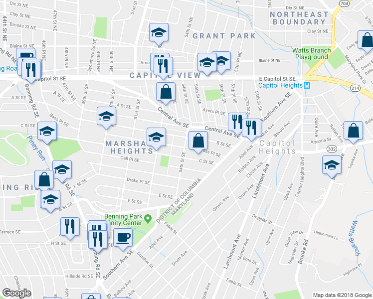 map of restaurants, bars, coffee shops, grocery stores, and more near 224 54th Street Southeast in Washington