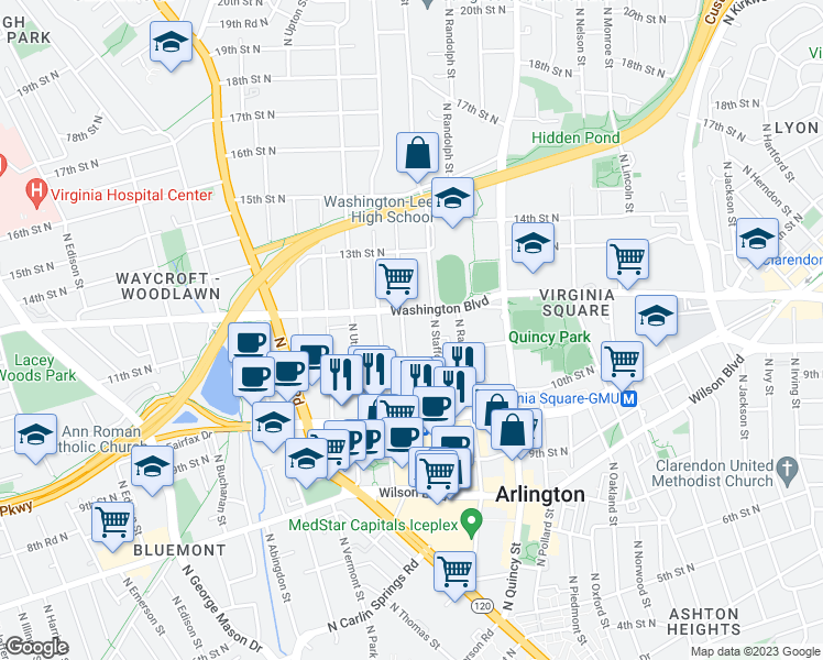 map of restaurants, bars, coffee shops, grocery stores, and more near 1127 North Stuart Street in Arlington