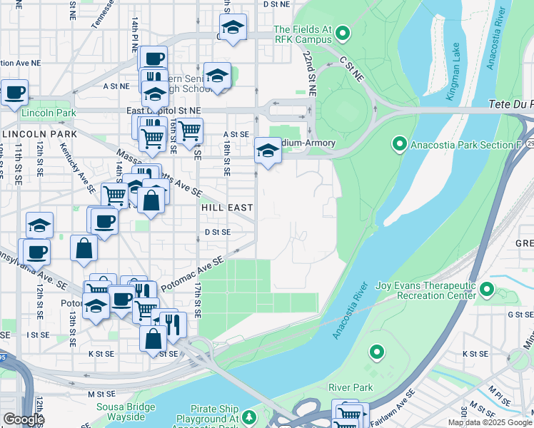 map of restaurants, bars, coffee shops, grocery stores, and more near 101 Independence Avenue Southeast in Washington