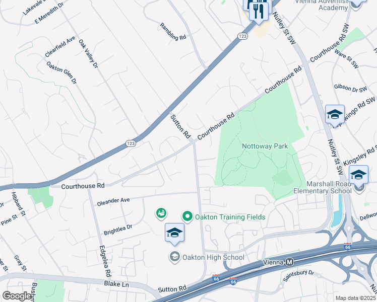 map of restaurants, bars, coffee shops, grocery stores, and more near 9701 Courthouse Road in Vienna