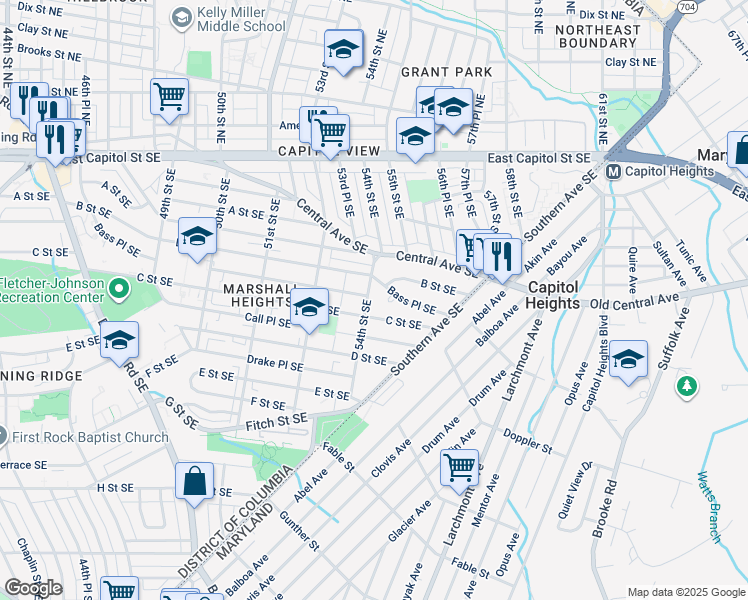 map of restaurants, bars, coffee shops, grocery stores, and more near 224 54th Street Southeast in Washington